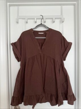 Showpo Brown Ruffle-Hem V-Neck Mini Dress